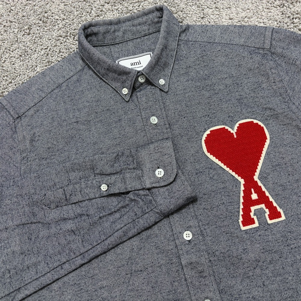 Ami Oxford Button Down Cotton Logo Patch Long Sleeve Navy White Red Mens 40